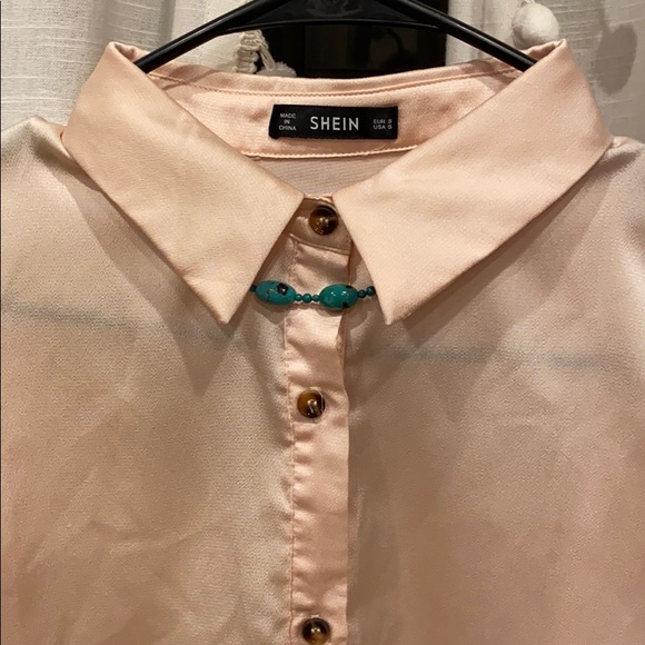 • Peach-Colored Soft Summer Satin Button Blouse • - Picture 2 of 5